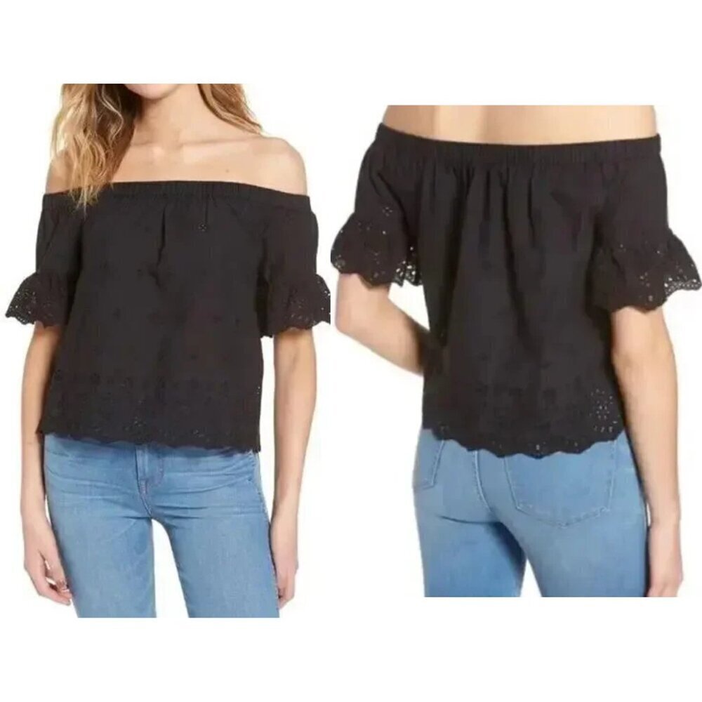 New! Madewell Black Cotton Eyelet Off The Shoulder Top NWT 35953